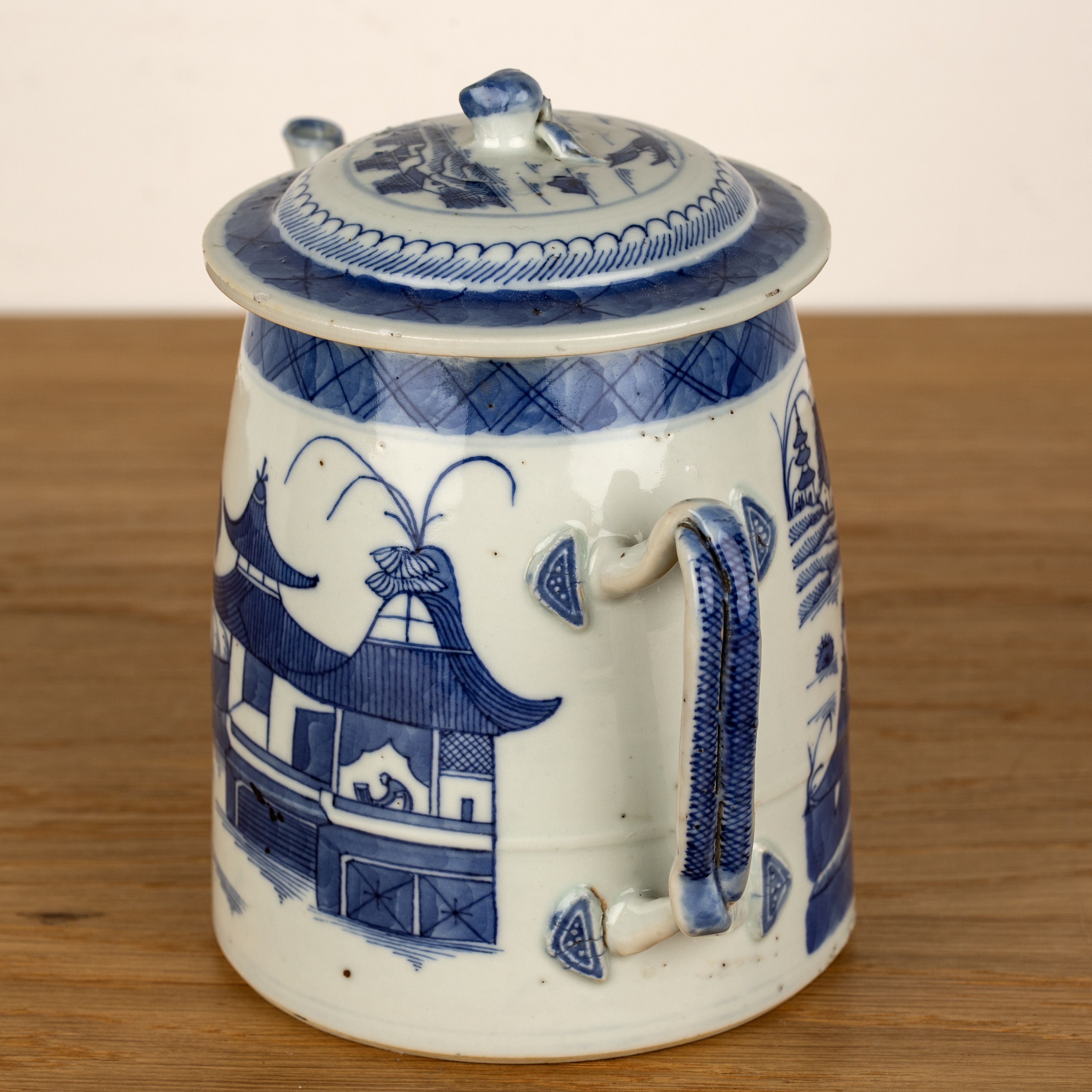 Blue and white export porcelain teapot Chinese, 19th Century painted with temples and a lake - Image 2 of 6