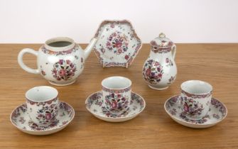 Part famille rose porcelain service Chinese, Qianlong comprising a teapot, sparrow beak cream jug