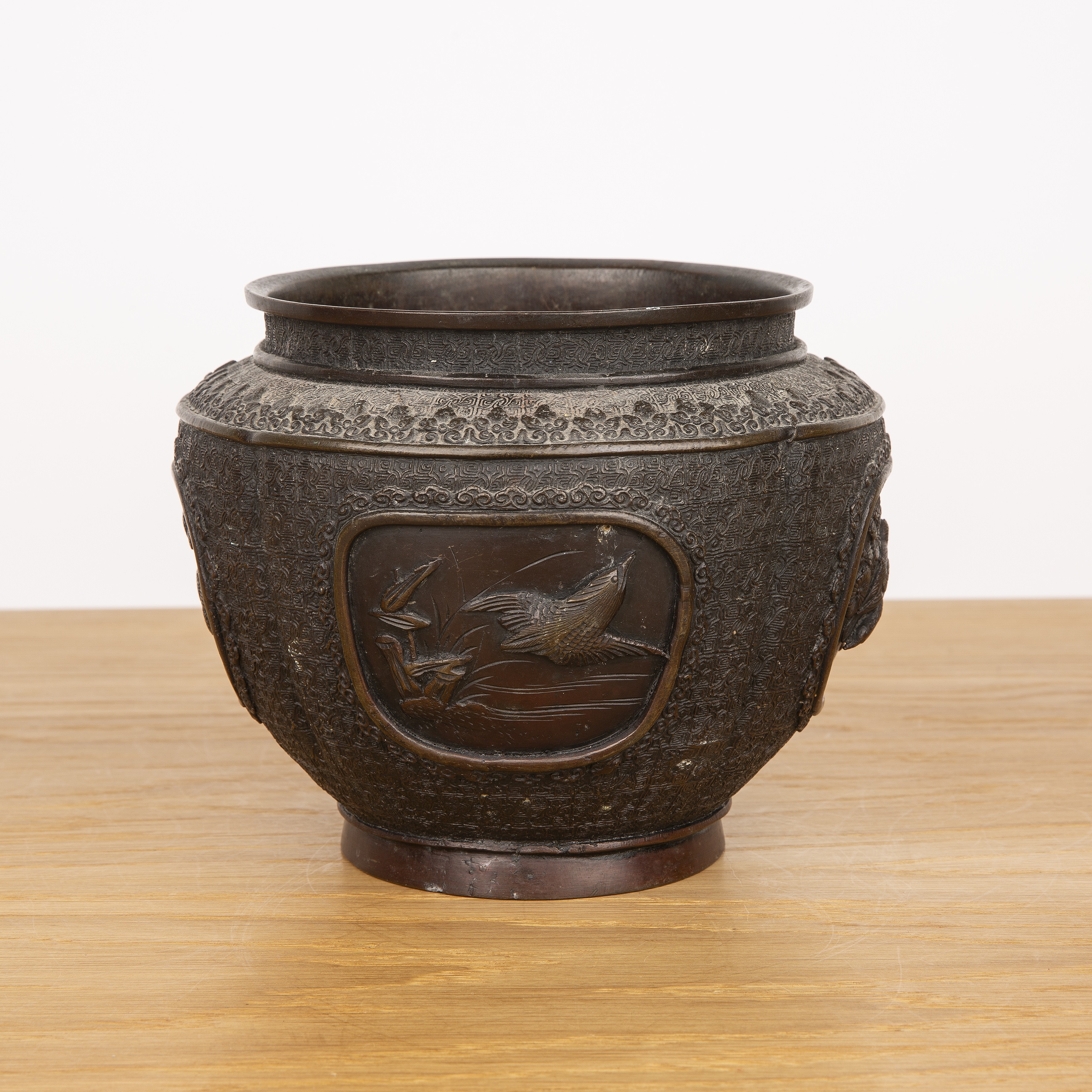 Bronze small jardiniere Japanese, 19th Century with oval panels of birds and flowers, signed to - Image 2 of 6