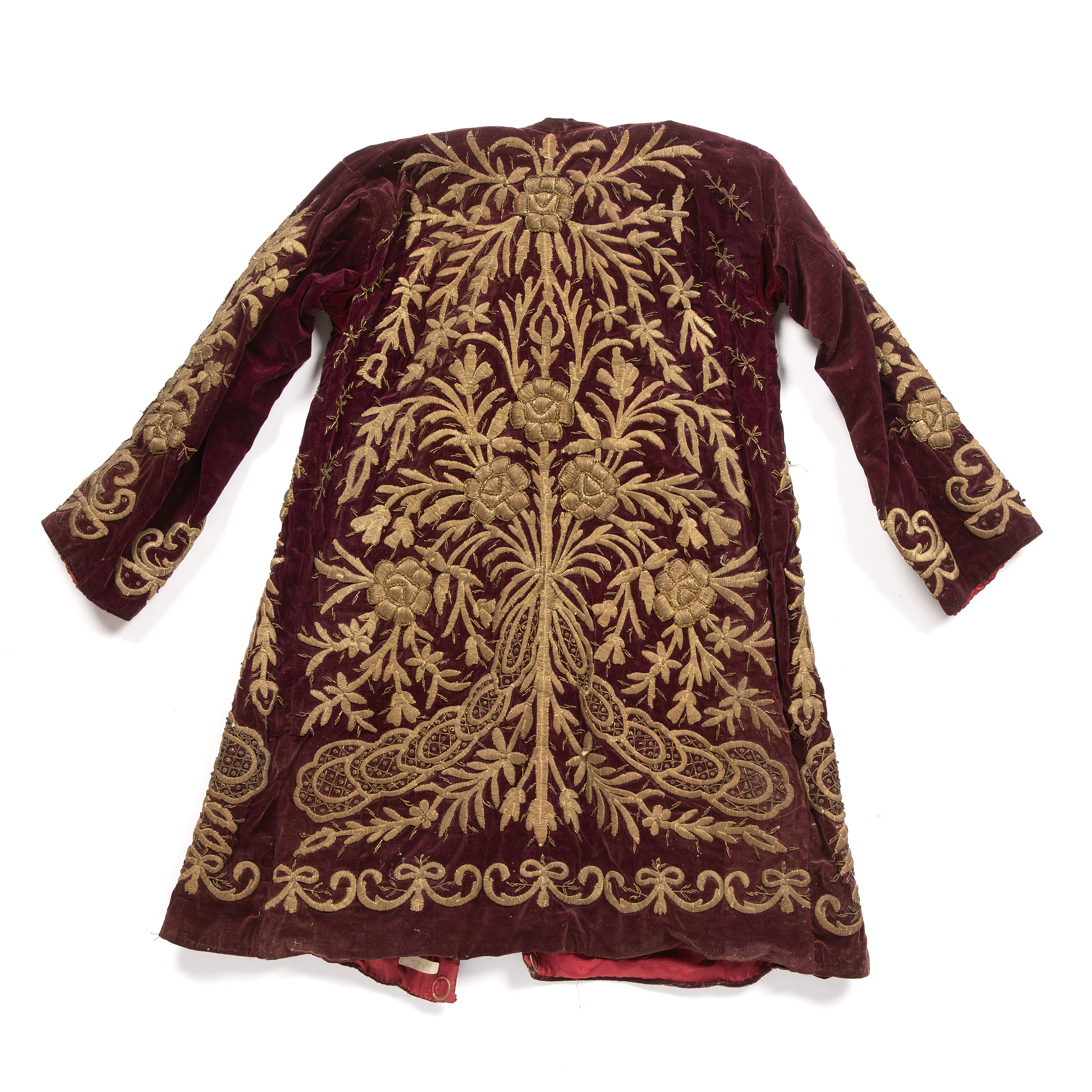 Embroidered velvet coat Ottoman deep burgundy ground, embroidered in gold with flowers and - Image 2 of 2