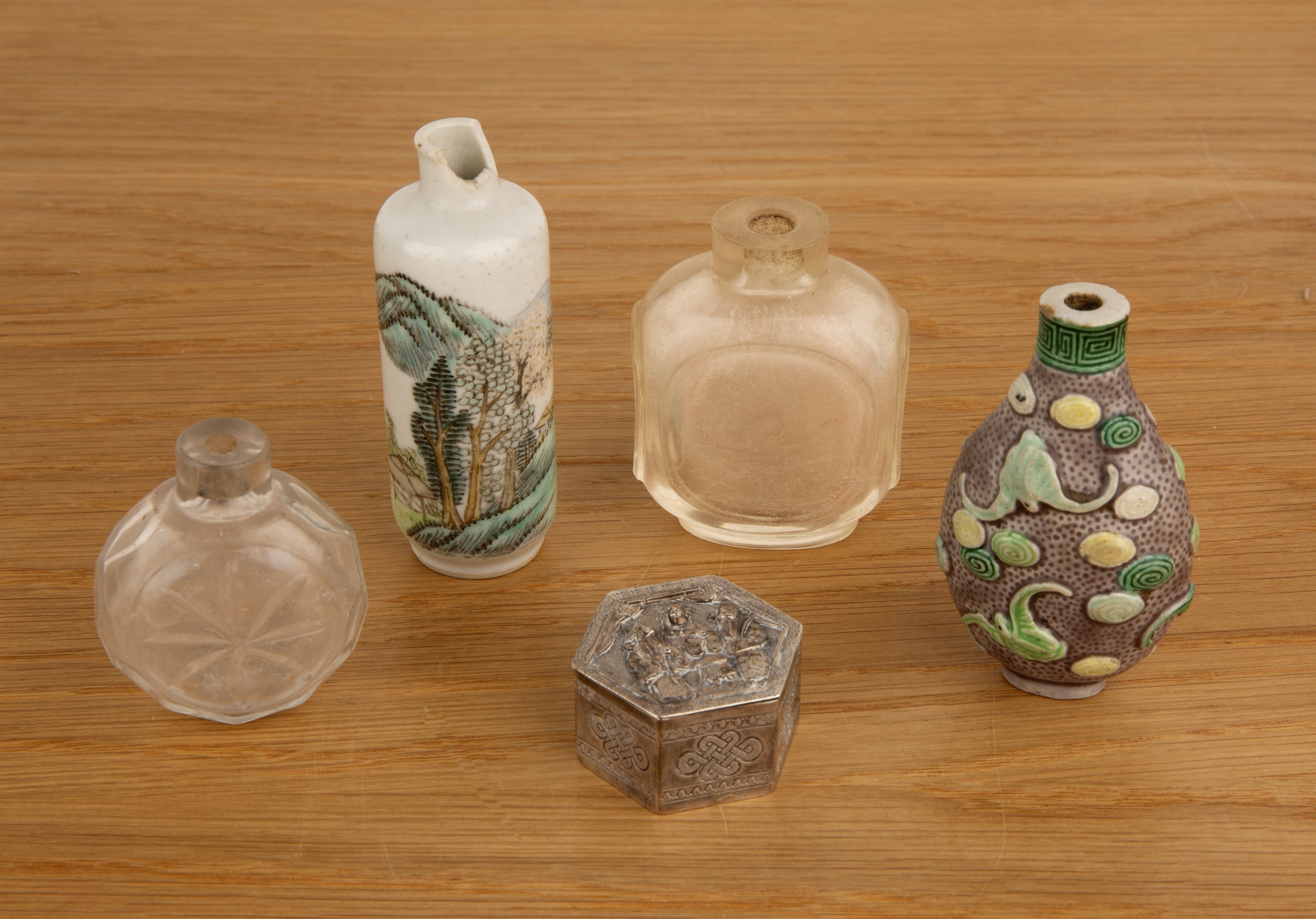 Group of pieces Chinese, 19th Century including two rock crystal snuff bottles, 6.5cm and 6cm