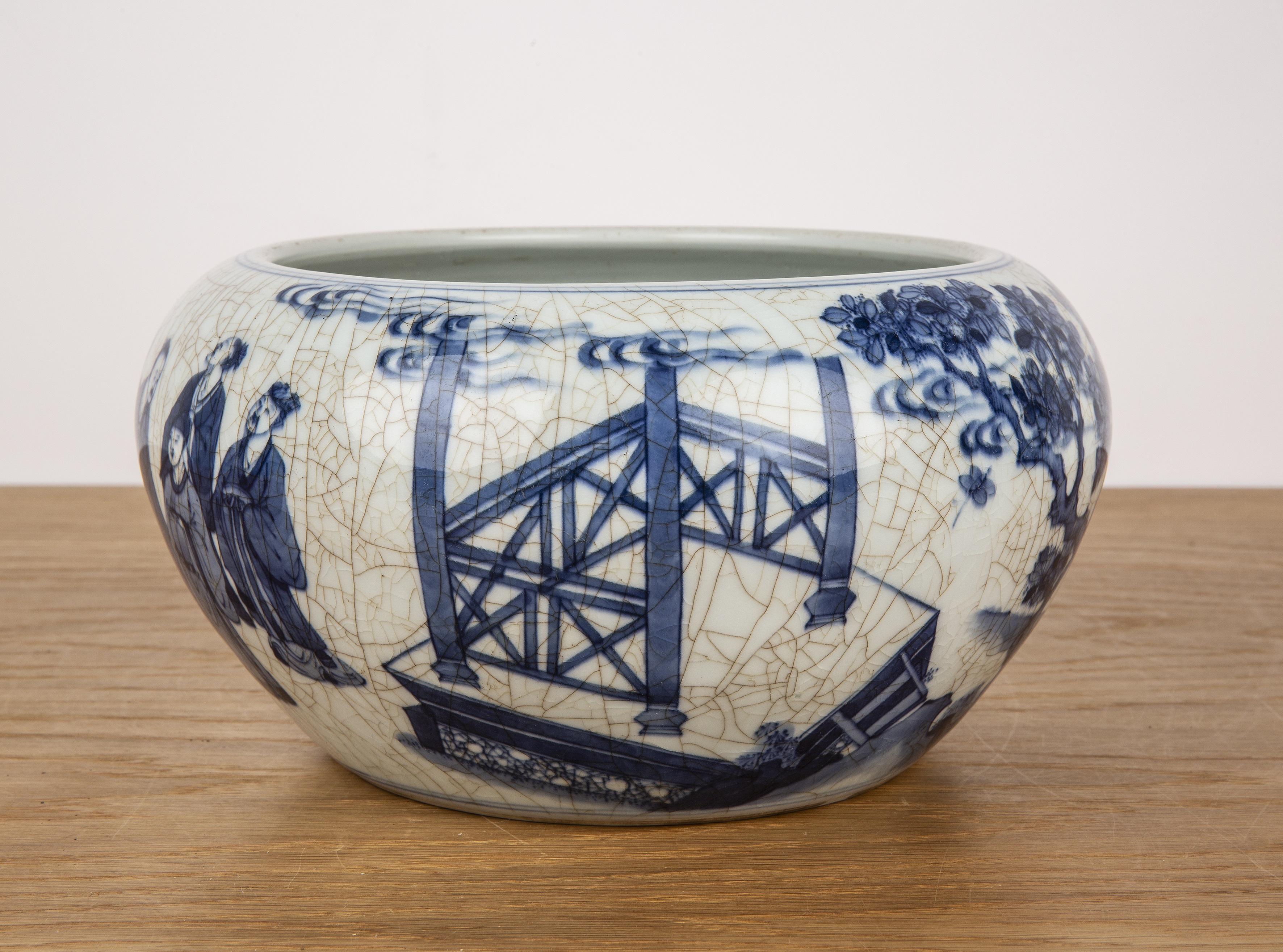 Cracked ice porcelain bowl Chinese, 19th Century painted with scholars around the side, 26cm - Image 3 of 12