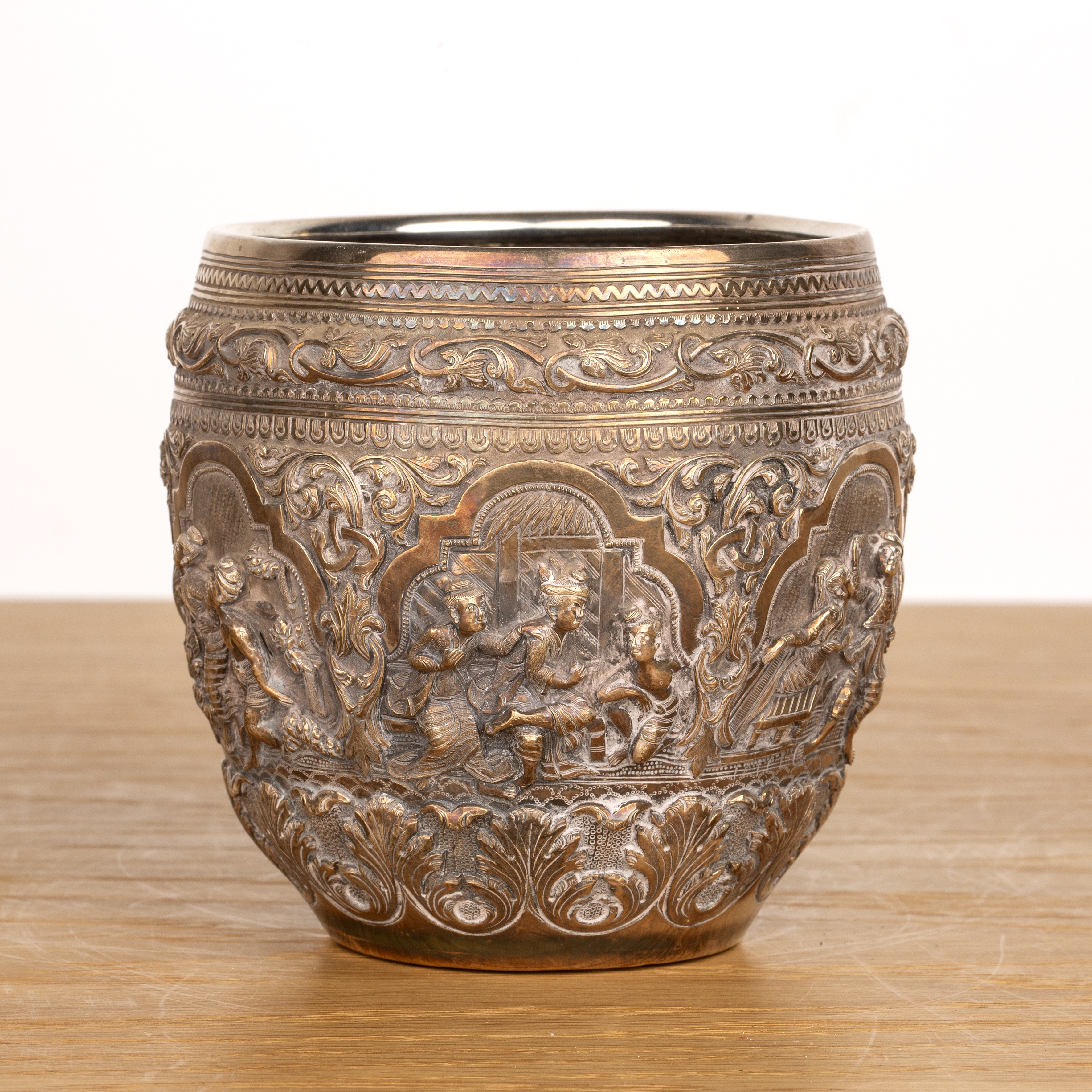 Silver repousse thabiek bowl Burmese, late 19th Century with scenes from Burmese folklore set - Image 2 of 6