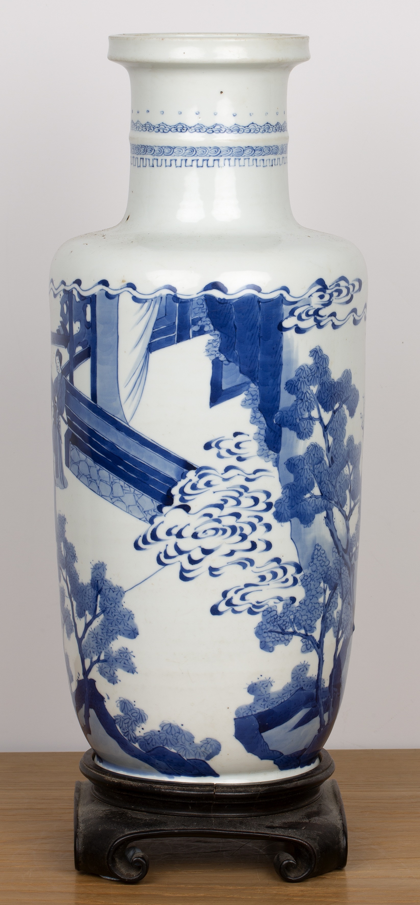 Blue and white porcelain rouleau vase Chinese, Kangxi painted with scholars, clouds, and figures - Image 2 of 33