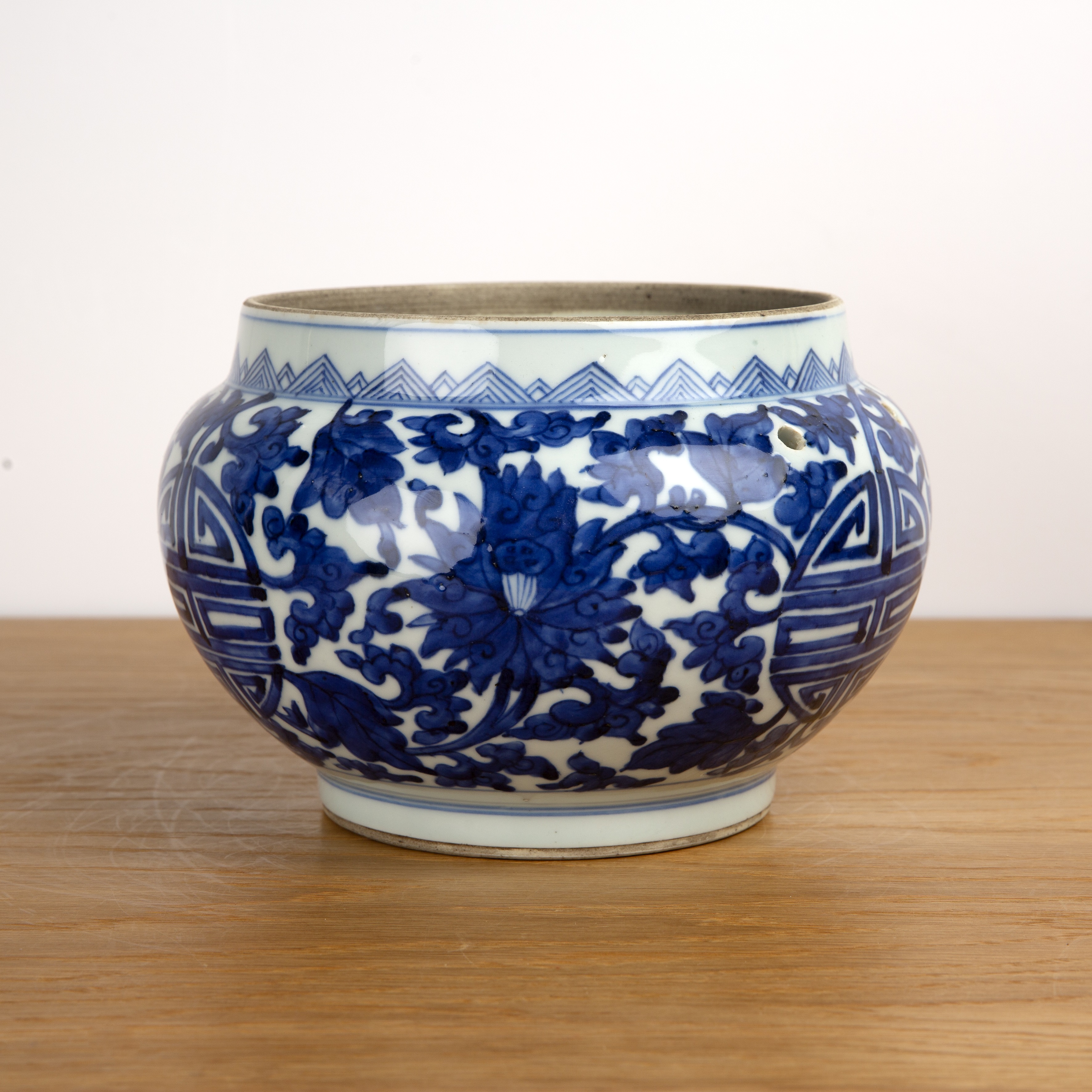 Blue and white porcelain bowl Chinese, 18th Century with original pierced holes for the handles, - Image 2 of 4