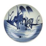 Blue and white porcelain shallow dish Chinese, 18th/19th Century painted with two horses, 28cm