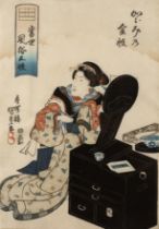 Utagawa Kunisada/Utagawa Toyokuni III (1786-1865) Japanese woodblock print 'Beauty with mirror',