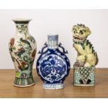 Three pieces of porcelain Chinese including a famille verte temple dog, 24cm high, a blue and