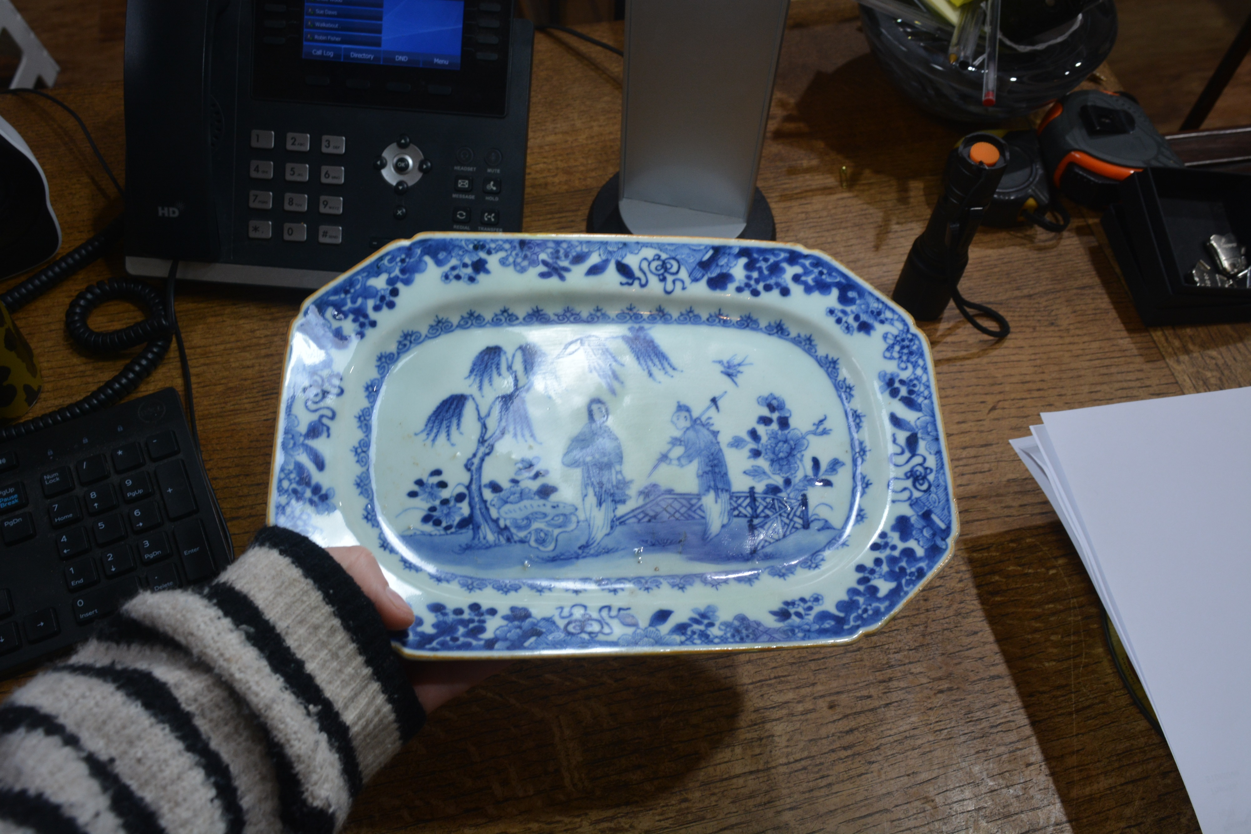 Two export blue and white porcelain meat dishes Chinese, circa 1800 one with a landscape scene of - Image 10 of 17