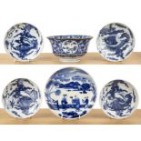 Group of blue and white porcelain Chinese and Japanese to include four shallow dragon dishes, 15.9cm