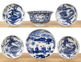 Group of blue and white porcelain Chinese and Japanese to include four shallow dragon dishes, 15.9cm