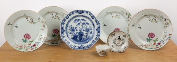 Group of pieces Chinese, 18th Century including four famille rose plates, 22cm, a blue and white