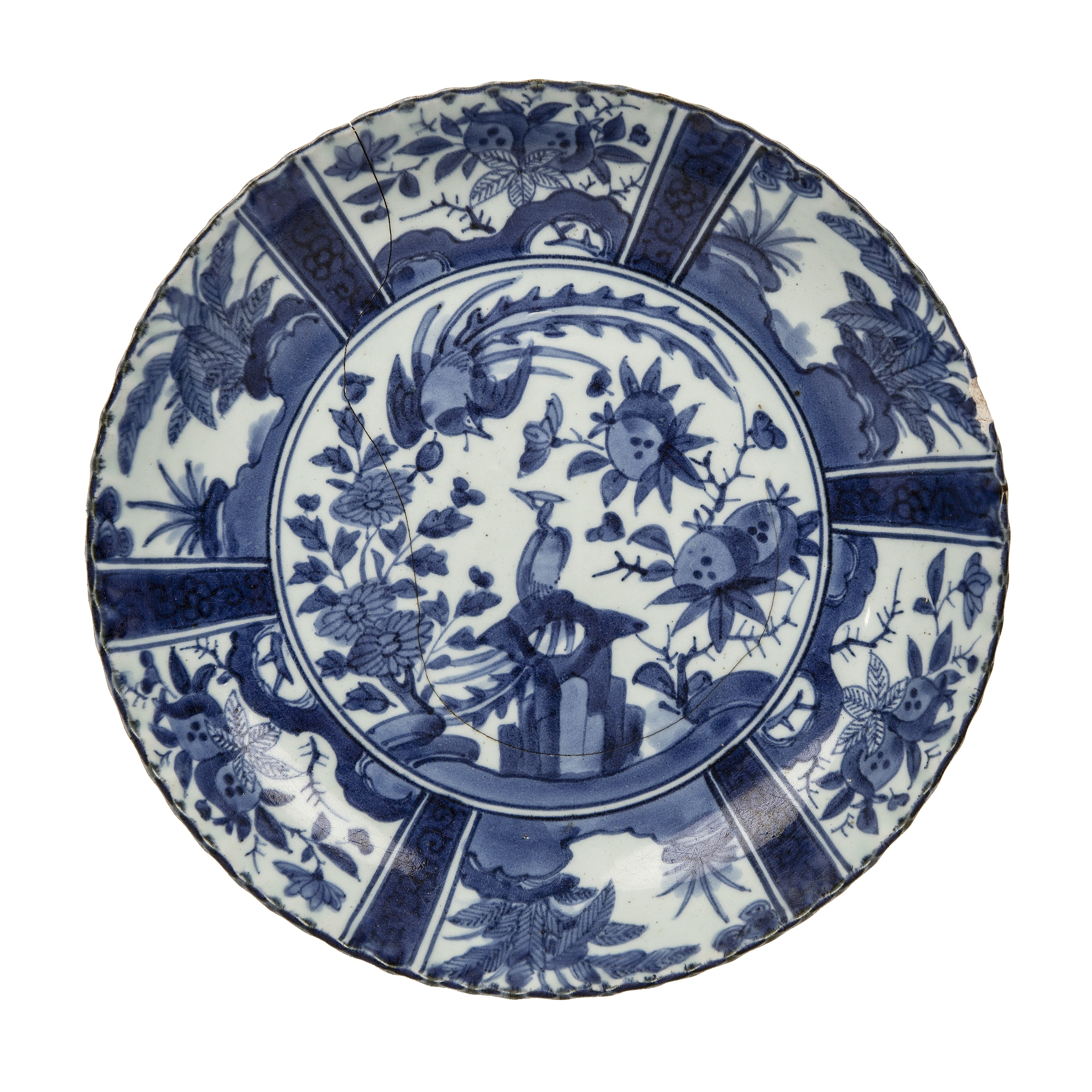 Large blue and white porcelain dish Chinese, Ming Wanli period painted with panels of birds, fruit