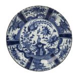 Large blue and white porcelain dish Chinese, Ming Wanli period painted with panels of birds, fruit