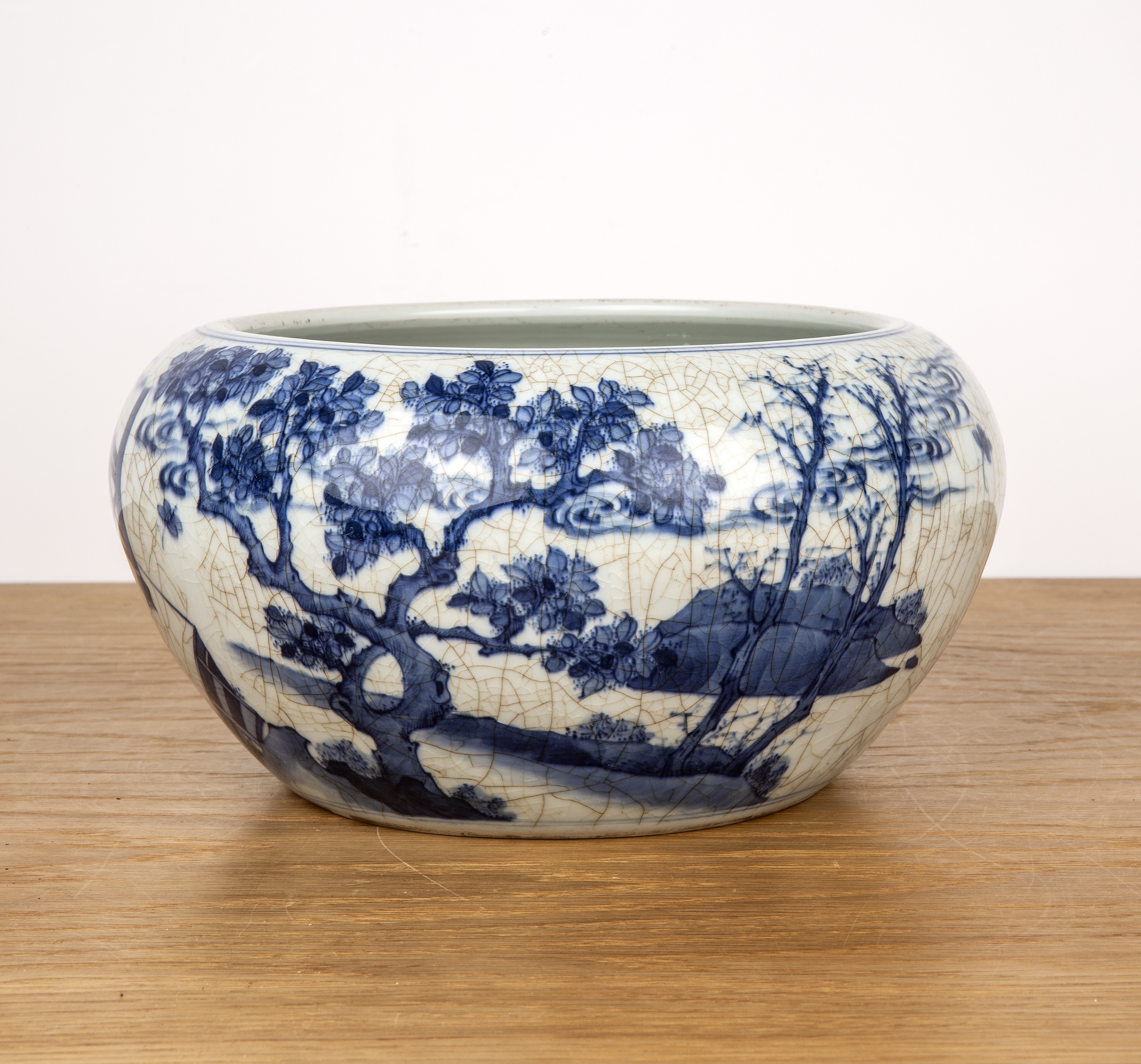 Cracked ice porcelain bowl Chinese, 19th Century painted with scholars around the side, 26cm
