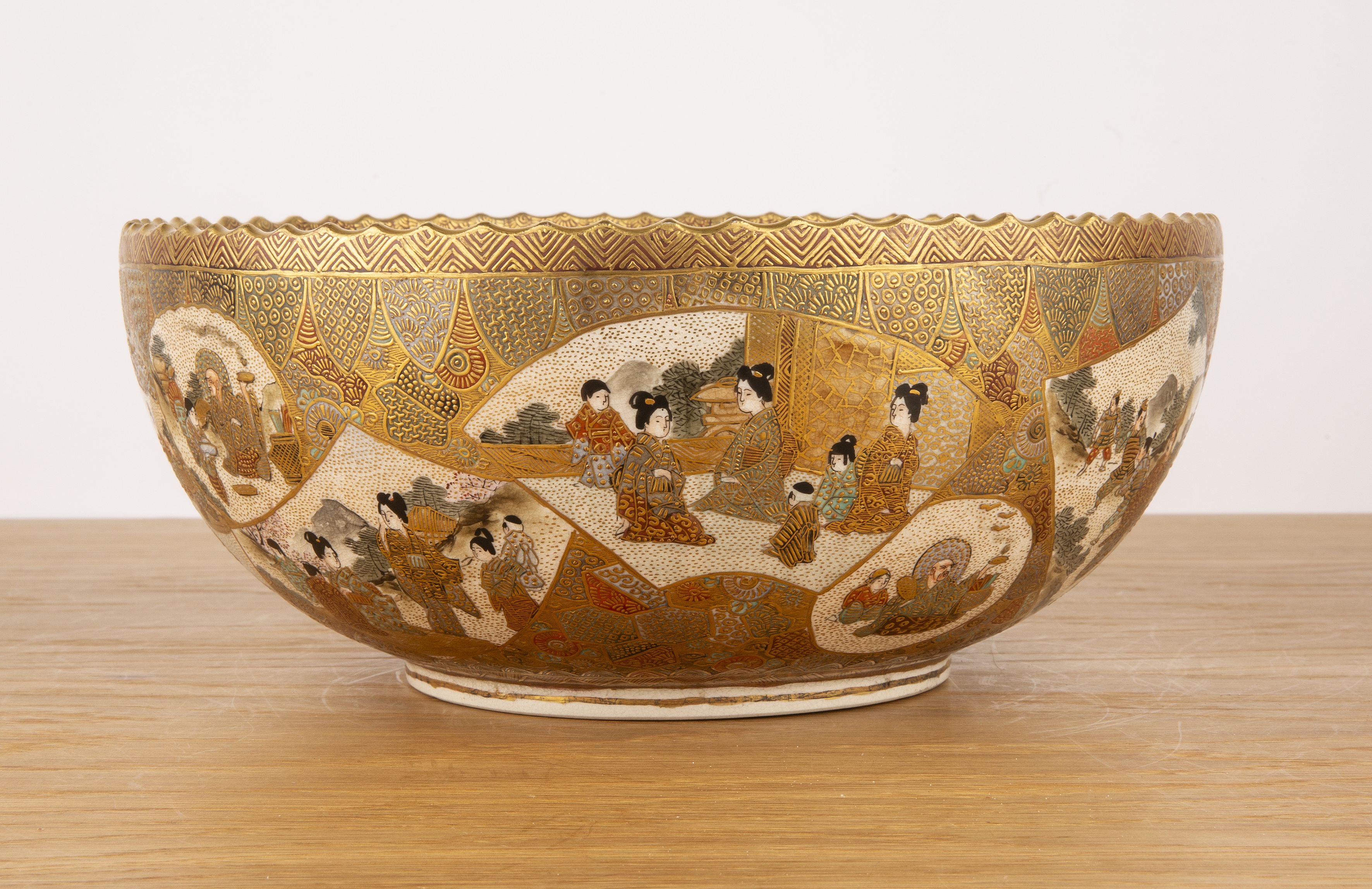 Satsuma bowl Japanese, 19th Century painted with Samurai to the centre, and a fan-shaped panels of - Image 3 of 7