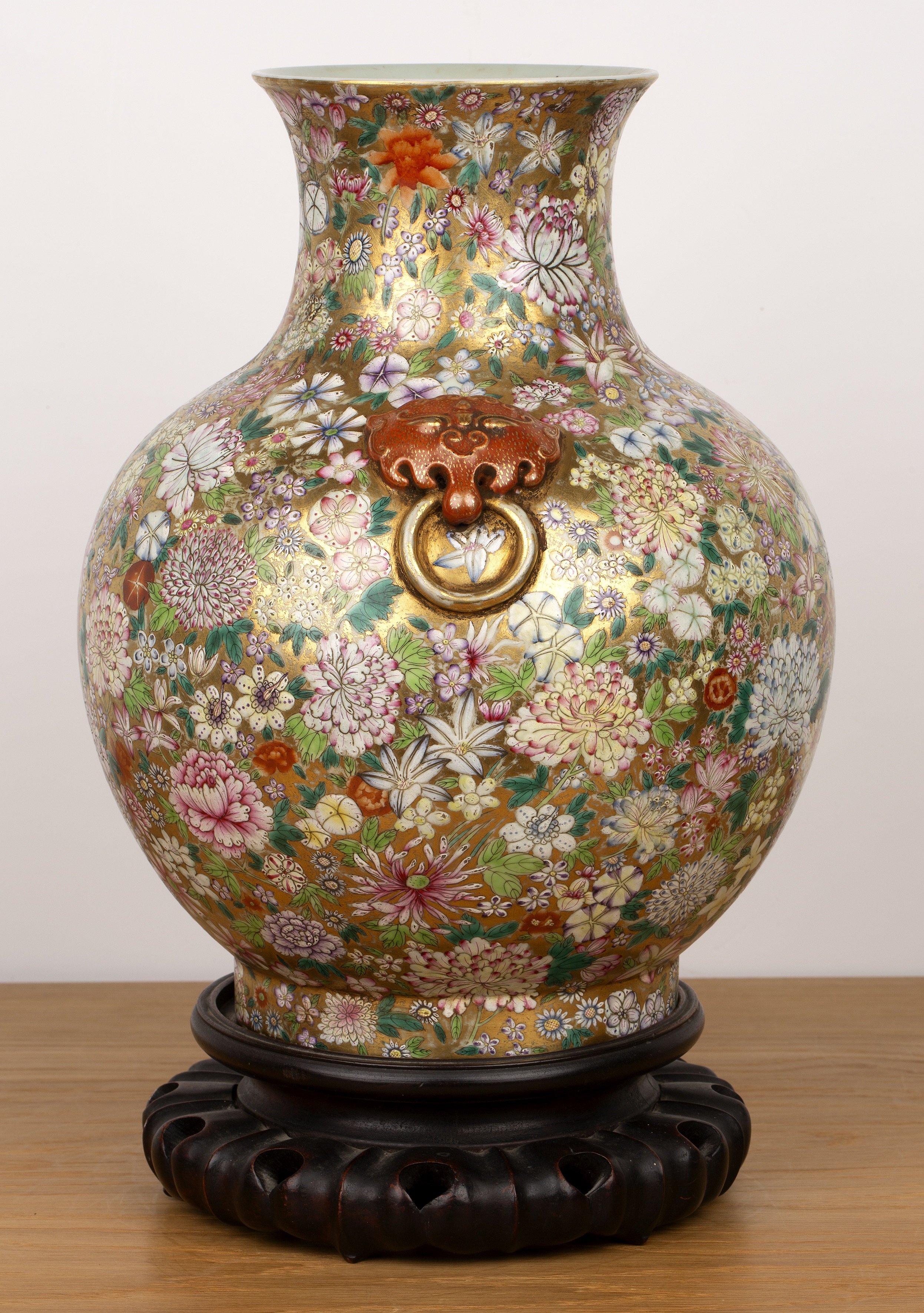 Millefleur porcelain vase and stand Chinese, circa 1900 with raised ruyi and ring handles. The - Image 2 of 10