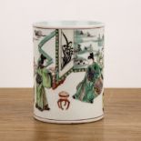 Famille verte brush pot Chinese, 19th Century with a painted interior scene and a god, 15.5cm high x