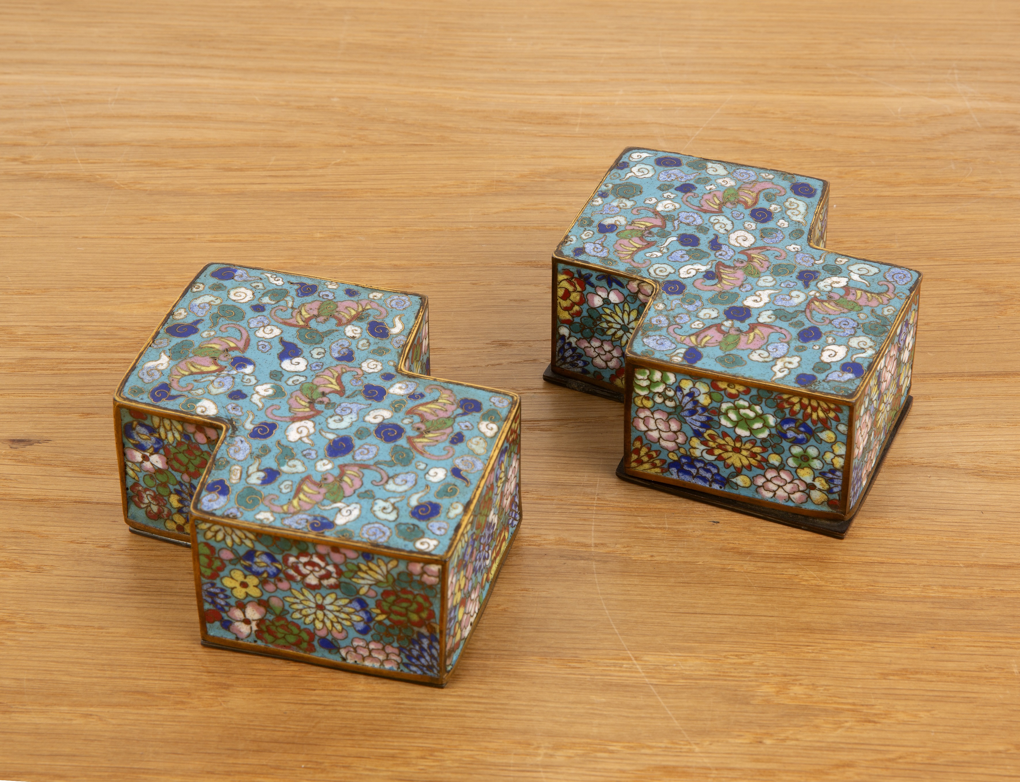Pair of shaped blue ground cloisonne boxes Chinese, 19th Century each with bat and butterfly
