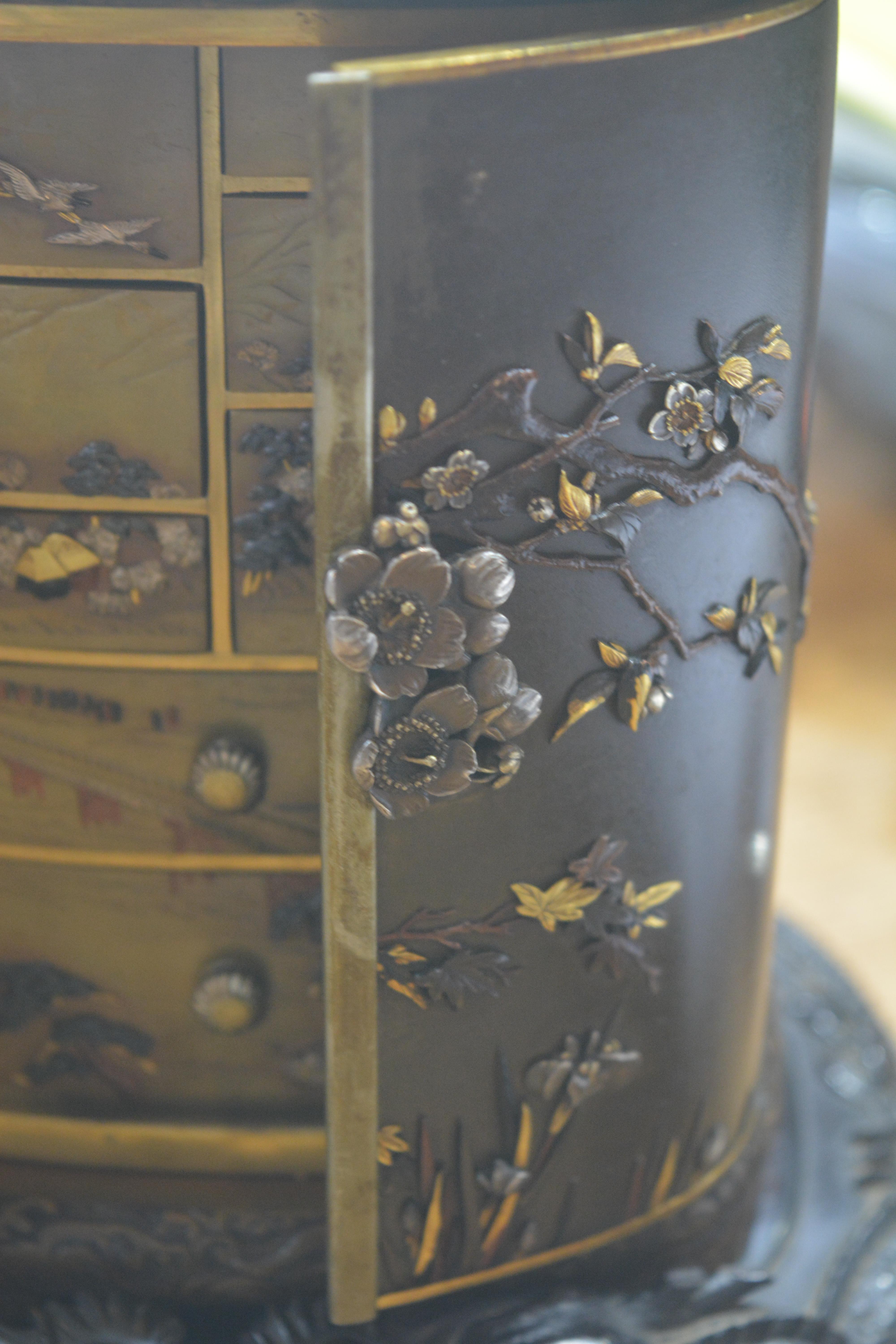 Metal and shakudo Kodansu cabinet on a dragon carved hardwood base Japanese, Meiji period in the - Image 36 of 61
