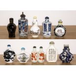 Group of ten snuff bottles Chinese, late 19th/20th Century including enamel, lacquer, and