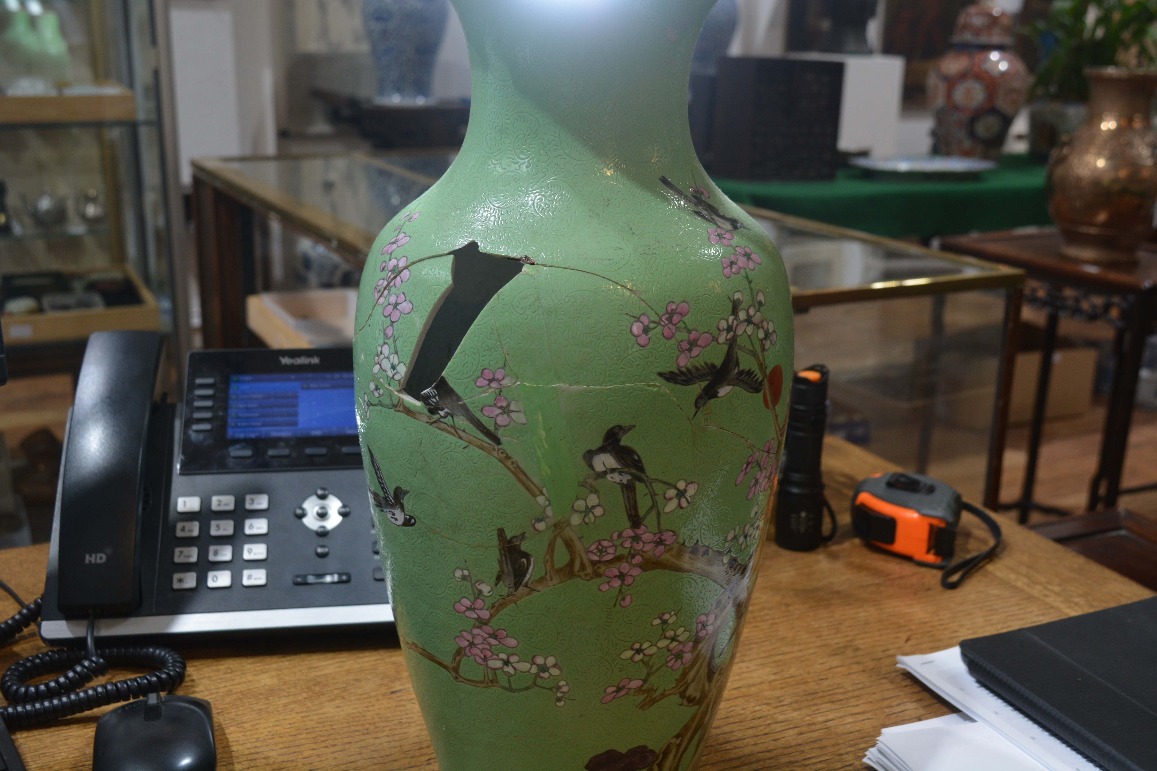 Green and enamel vase Chinese, 19th Century painted with birds and blossom on a an incised ground, - Image 11 of 23