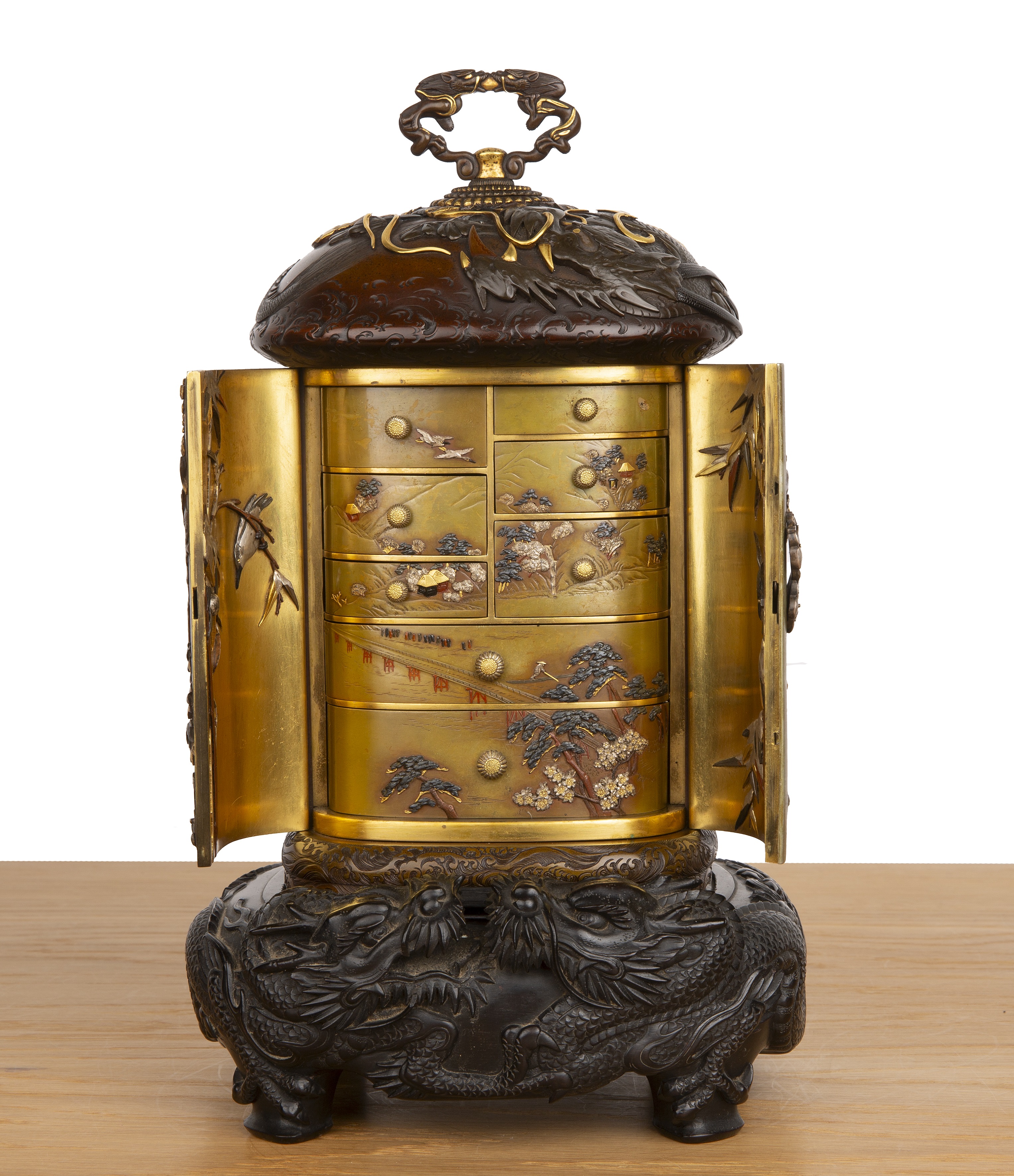 Metal and shakudo Kodansu cabinet on a dragon carved hardwood base Japanese, Meiji period in the - Image 4 of 61