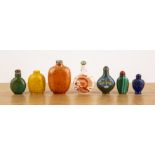 Group of seven snuff bottles Chinese including porcelain, cloisonne, malachite, lapis lazuli and