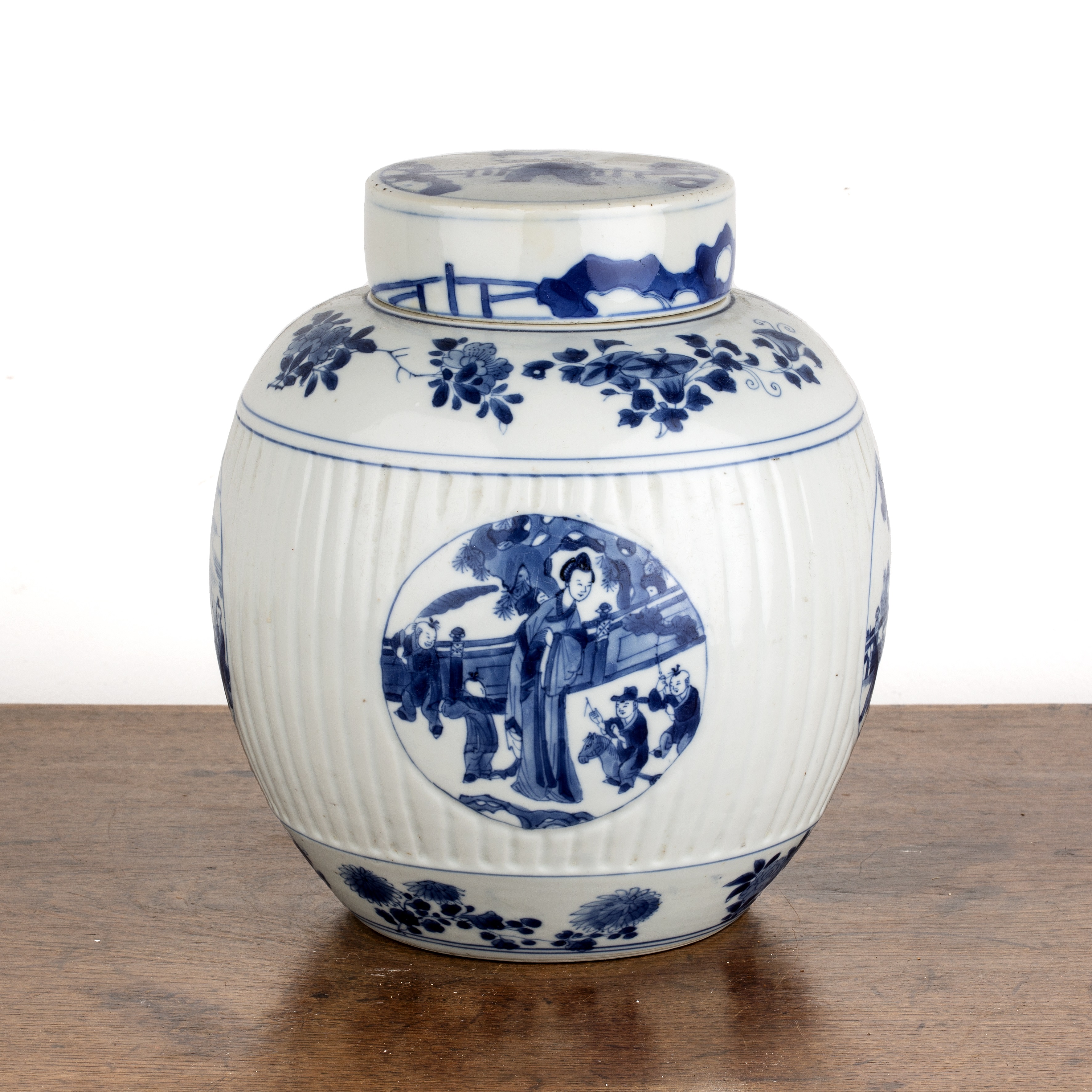 Blue and white porcelain ovoid jar and cover Chinese, Kangxi painted with four panels of children