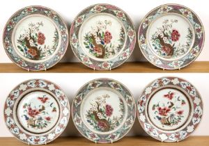 Six famille rose plates Chinese, 18th Century four painted peonies and blossom and two with