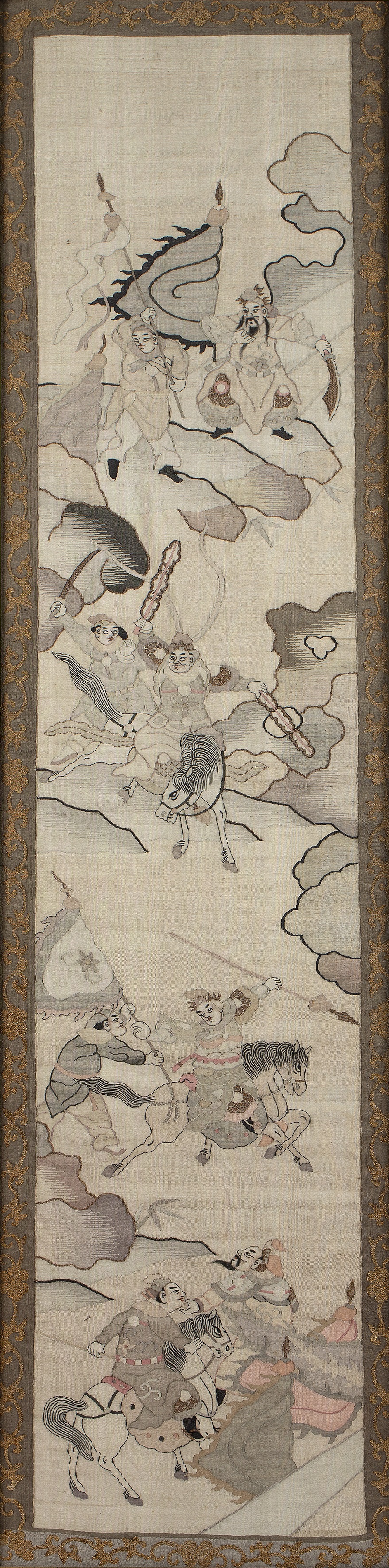 Embroidered panel Chinese on silk ground, depicting soldiers on horseback, 103.5cm x 25.5cm At