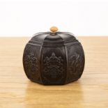 Octagonal hardwood box and cover Chinese, 20th Century each side with carved auspicious symbols, 8cm