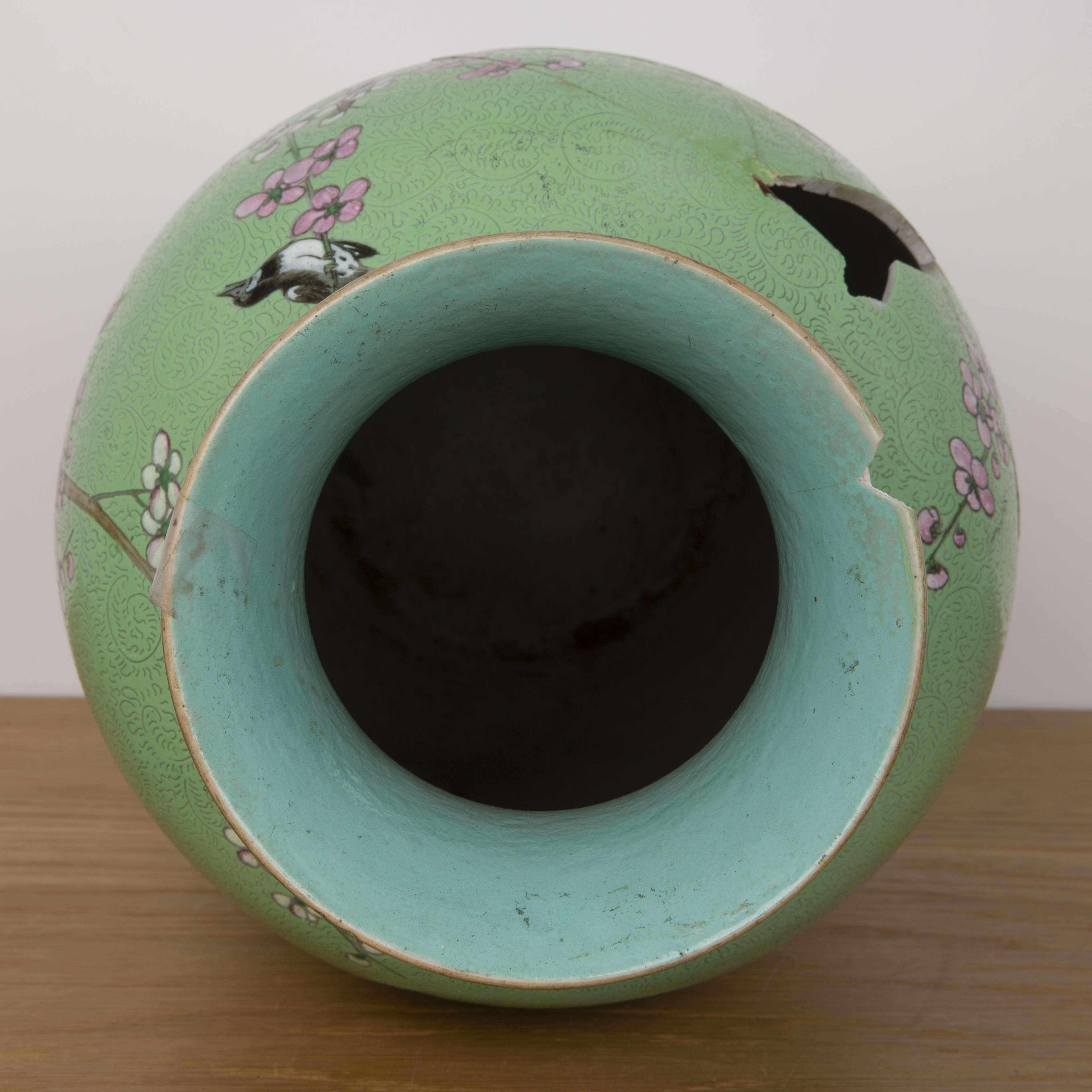 Green and enamel vase Chinese, 19th Century painted with birds and blossom on a an incised ground, - Image 3 of 23