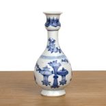 Blue and white porcelain garlic neck vase Chinese, Kangxi painted with 'antiques', rock work,