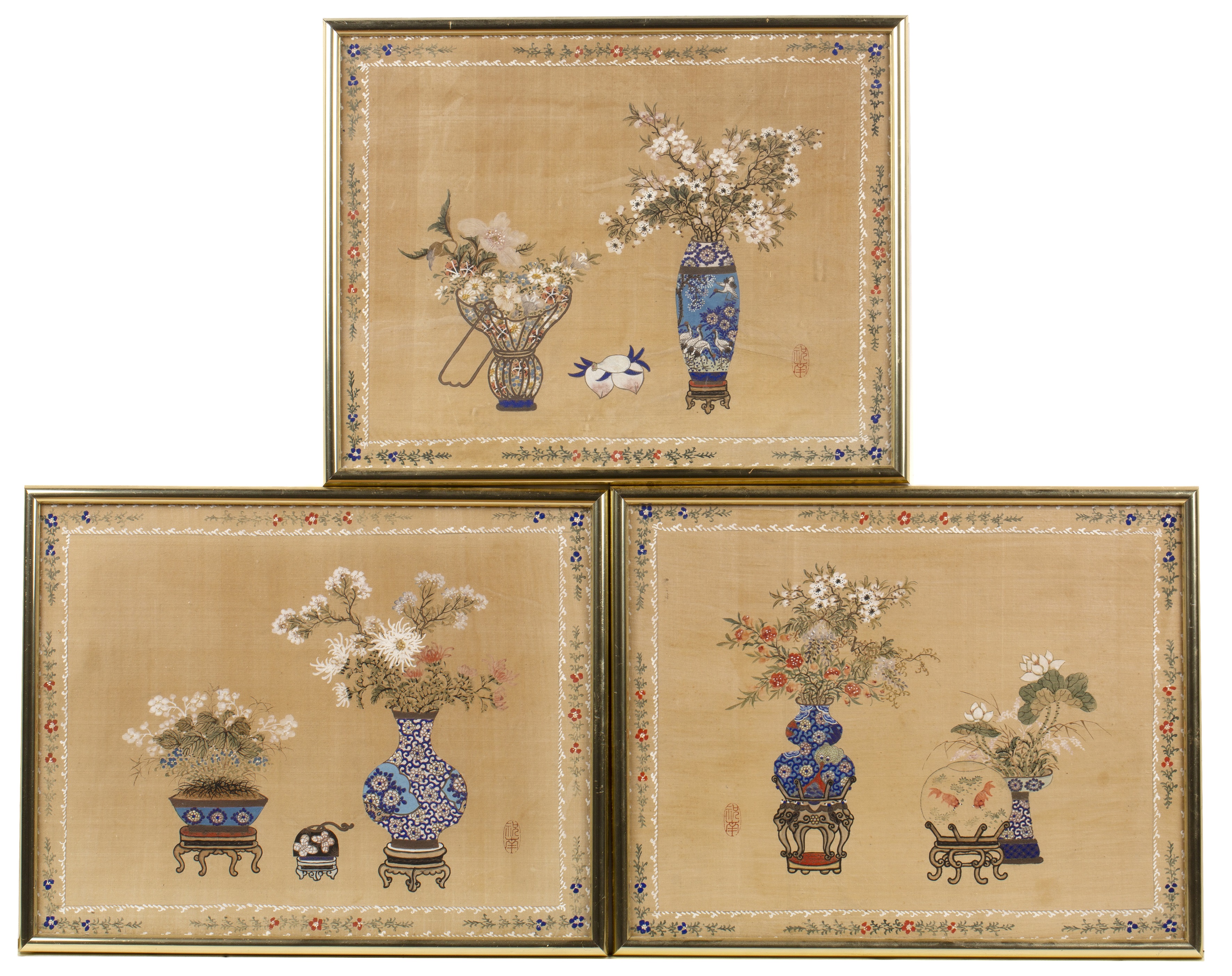 Three silk studies Chinese painted with vases of flowers and 'antiques', with oval signatures, - Image 2 of 3
