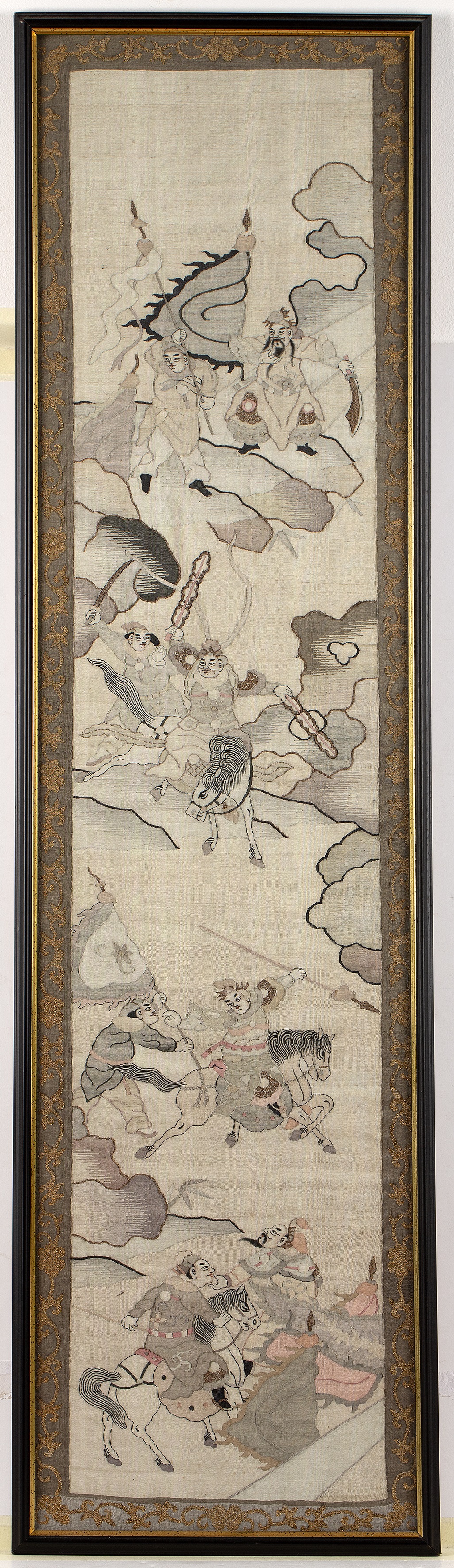 Embroidered panel Chinese on silk ground, depicting soldiers on horseback, 103.5cm x 25.5cm At - Image 2 of 3