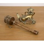 Prayer wheel and a brass temple dog Tibetan and Chinese the wheel with a bamboo handle, 29cm and