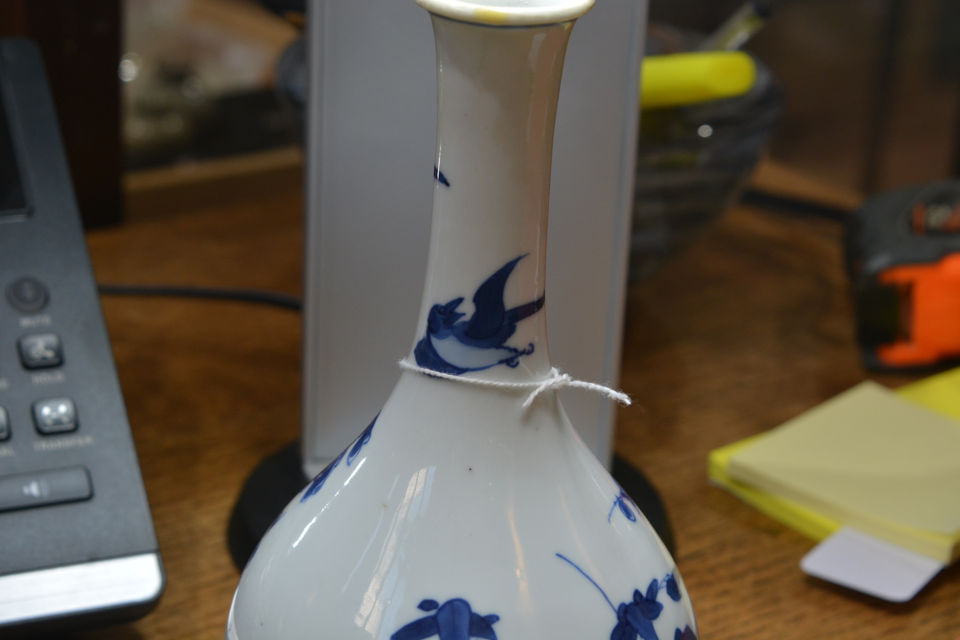 Blue and white porcelain bottle vase Chinese, Kangxi painted with branches, rockwork and blossom, - Image 8 of 9