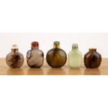 Group of five snuff bottles Chinese including an agate bottle with a raised carp, green hardstone