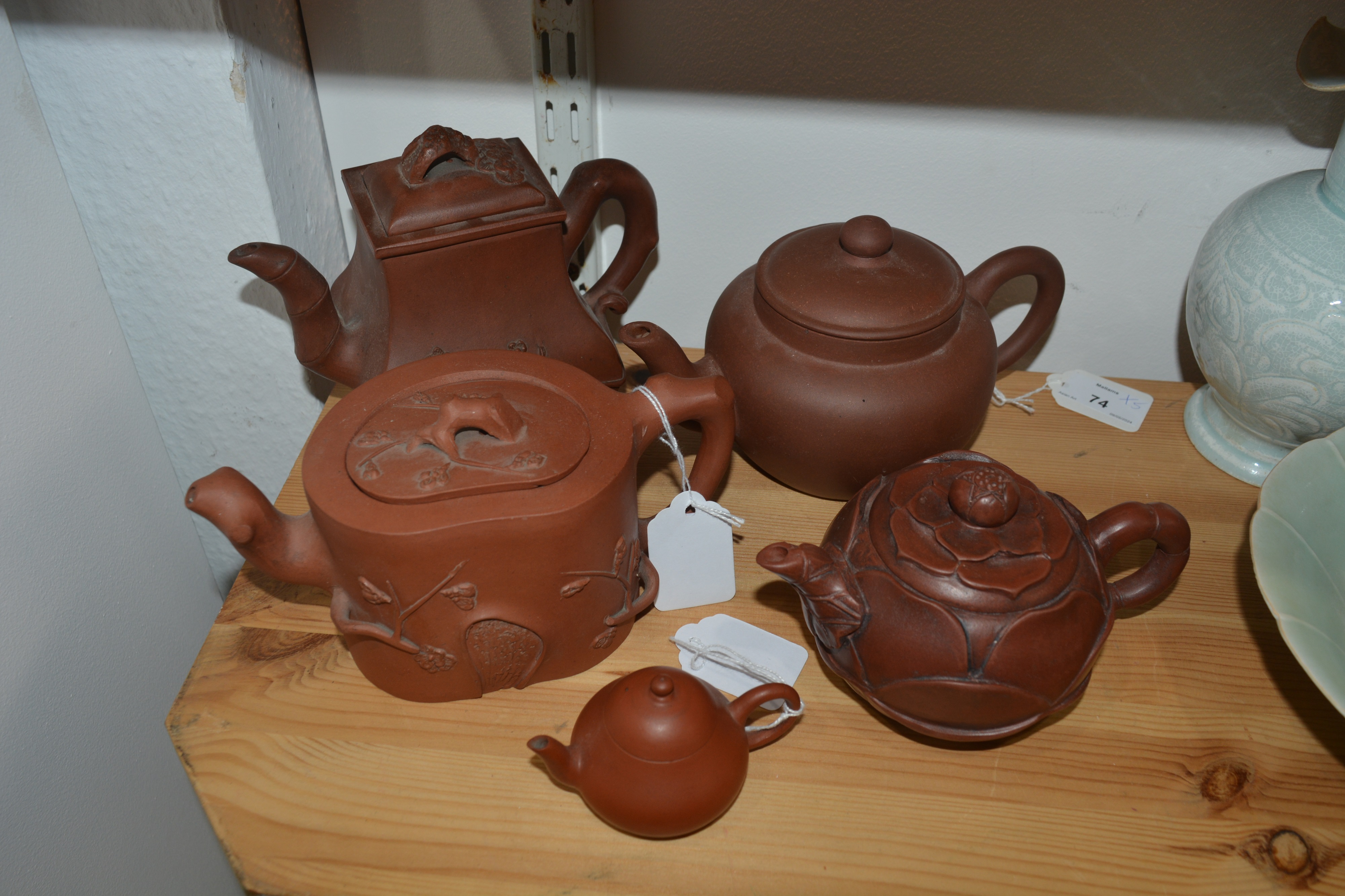 Group of five Yixing teapots Chinese, 19th/20th Century to include a rectangular teapot with moulded - Image 10 of 13