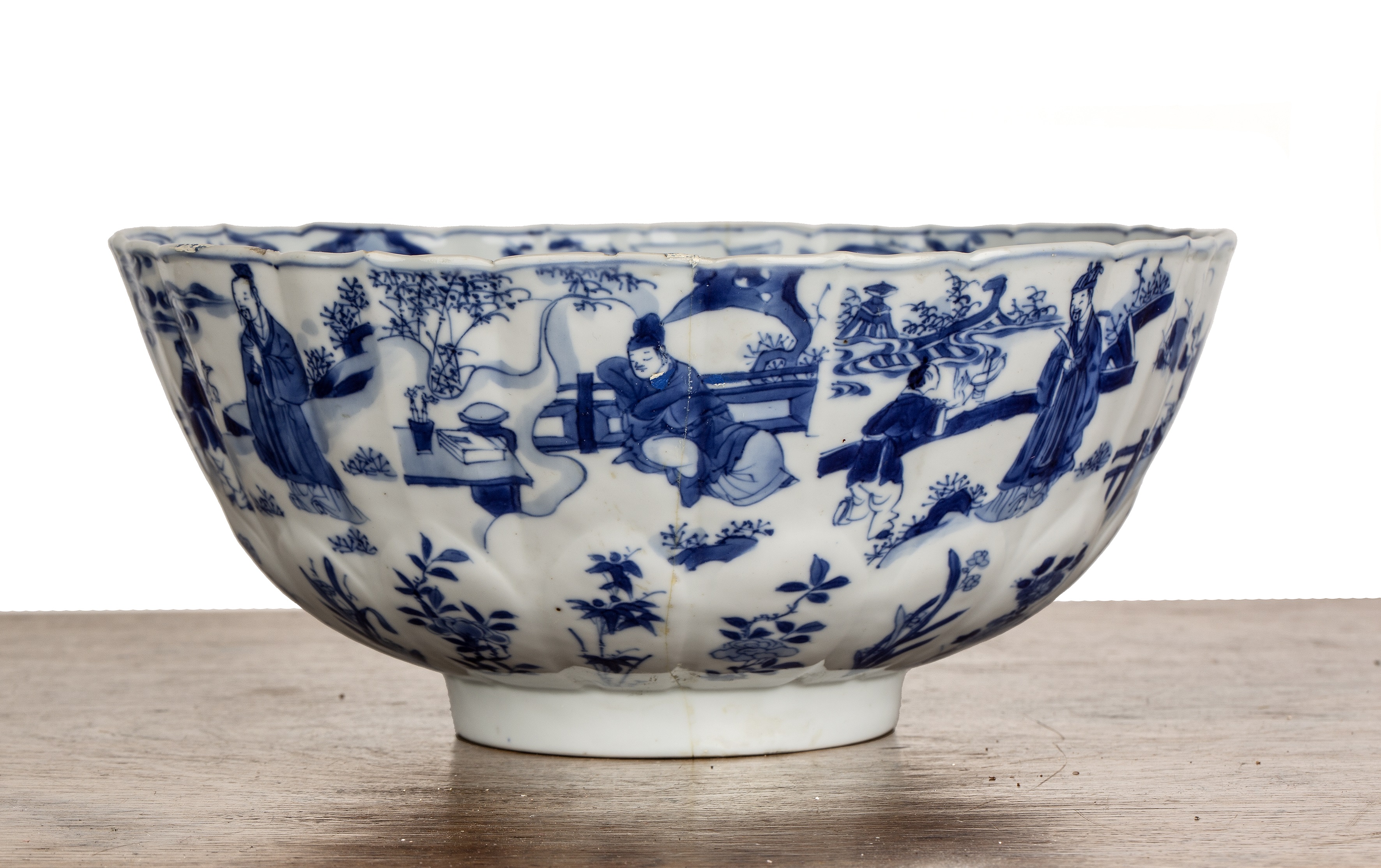 Blue and white fluted porcelain bowl Chinese, Kangxi painted with garden scenes, six character