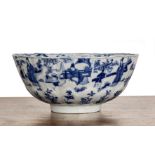 Blue and white fluted porcelain bowl Chinese, Kangxi painted with garden scenes, six character