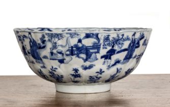 Blue and white fluted porcelain bowl Chinese, Kangxi painted with garden scenes, six character