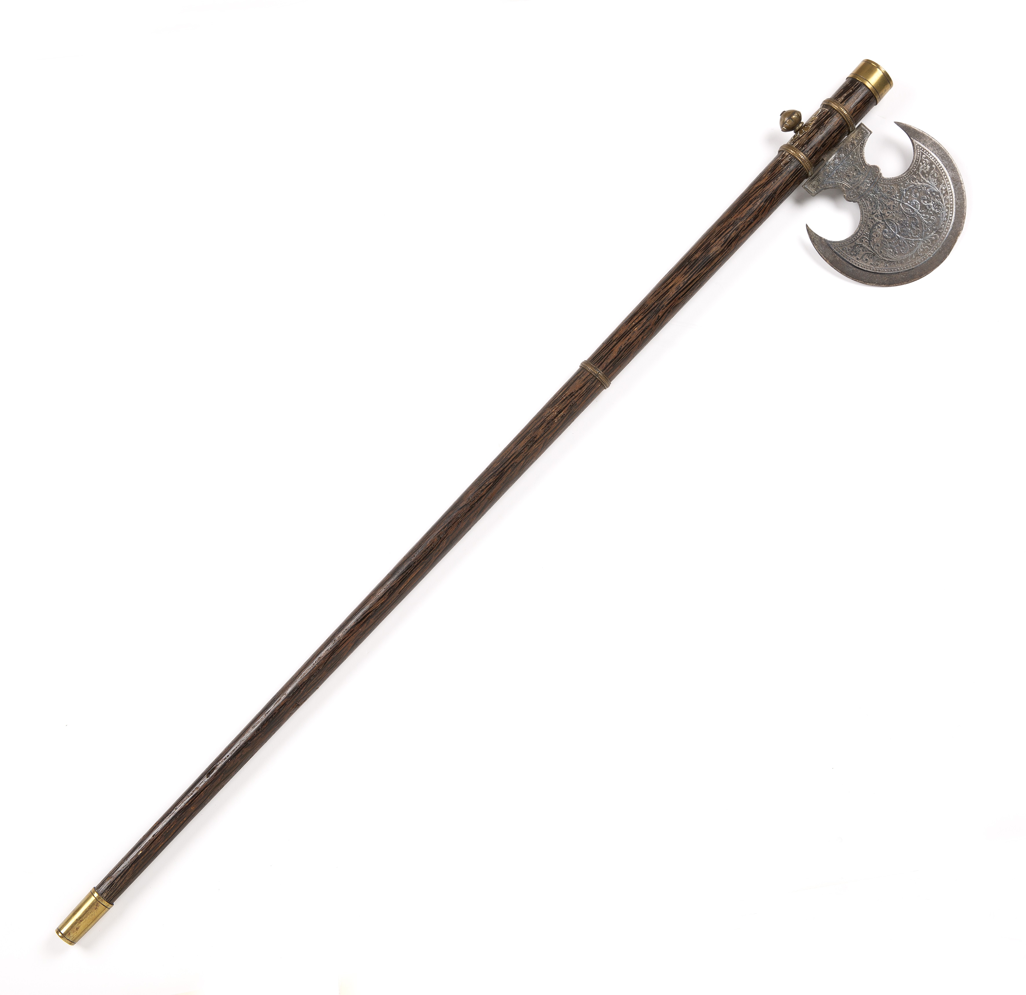 Axe with wooden handle Persian with gilt mounts and a crescent blade, the steel blade decorated with - Image 2 of 3