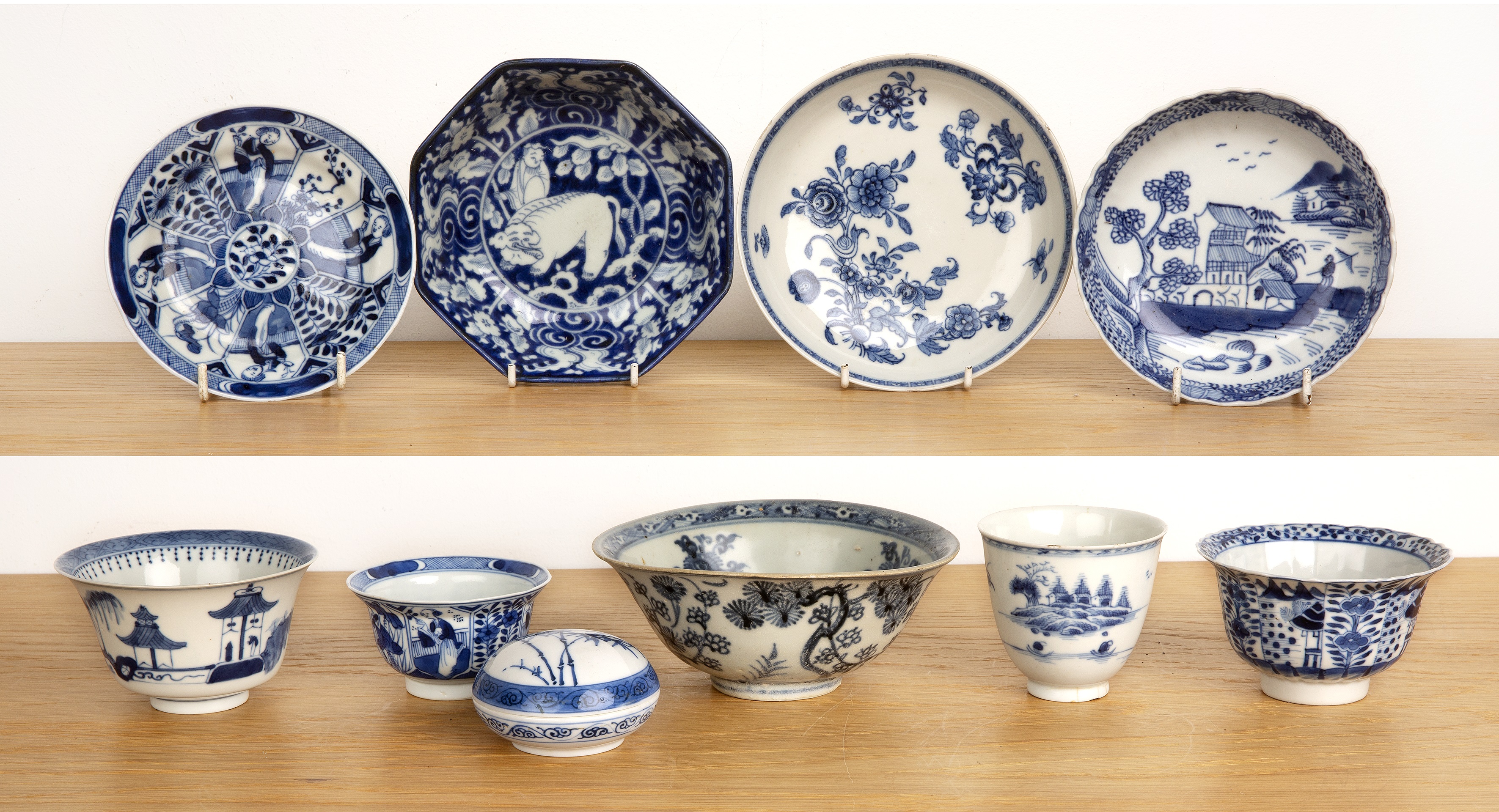 Group of blue and white porcelain Chinese and Japanese to include a tea bowl and saucer, painted