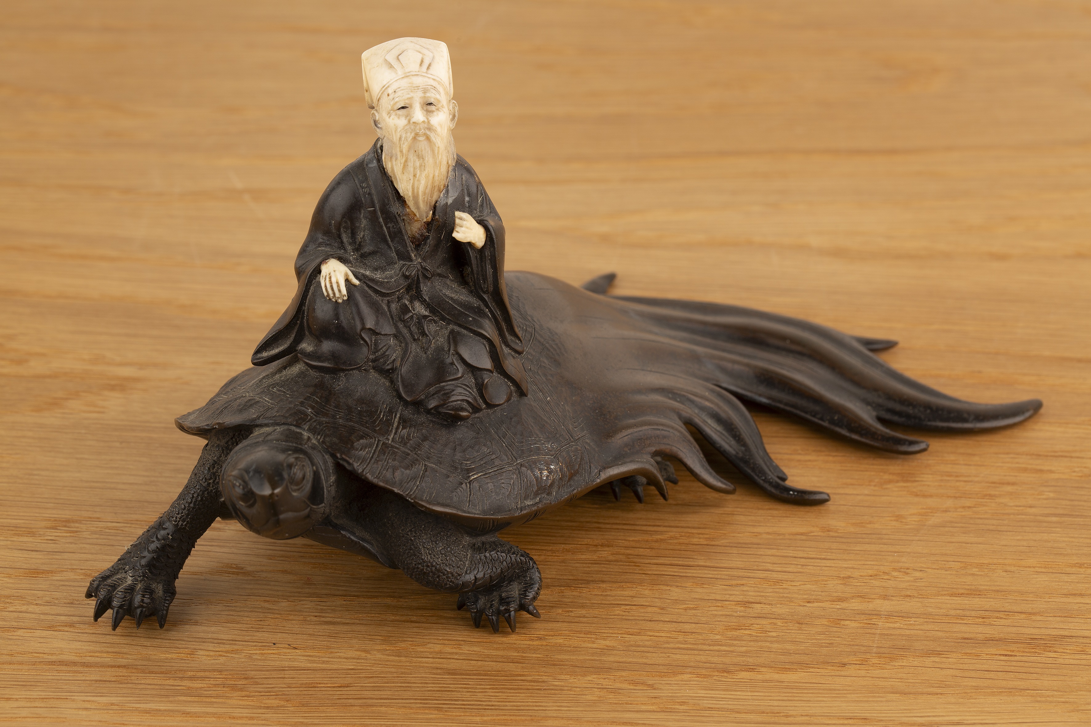 Bronze and ivory model of a Sennin on a long tailed tortoise Japanese, Meiji period symbolising - Image 2 of 6