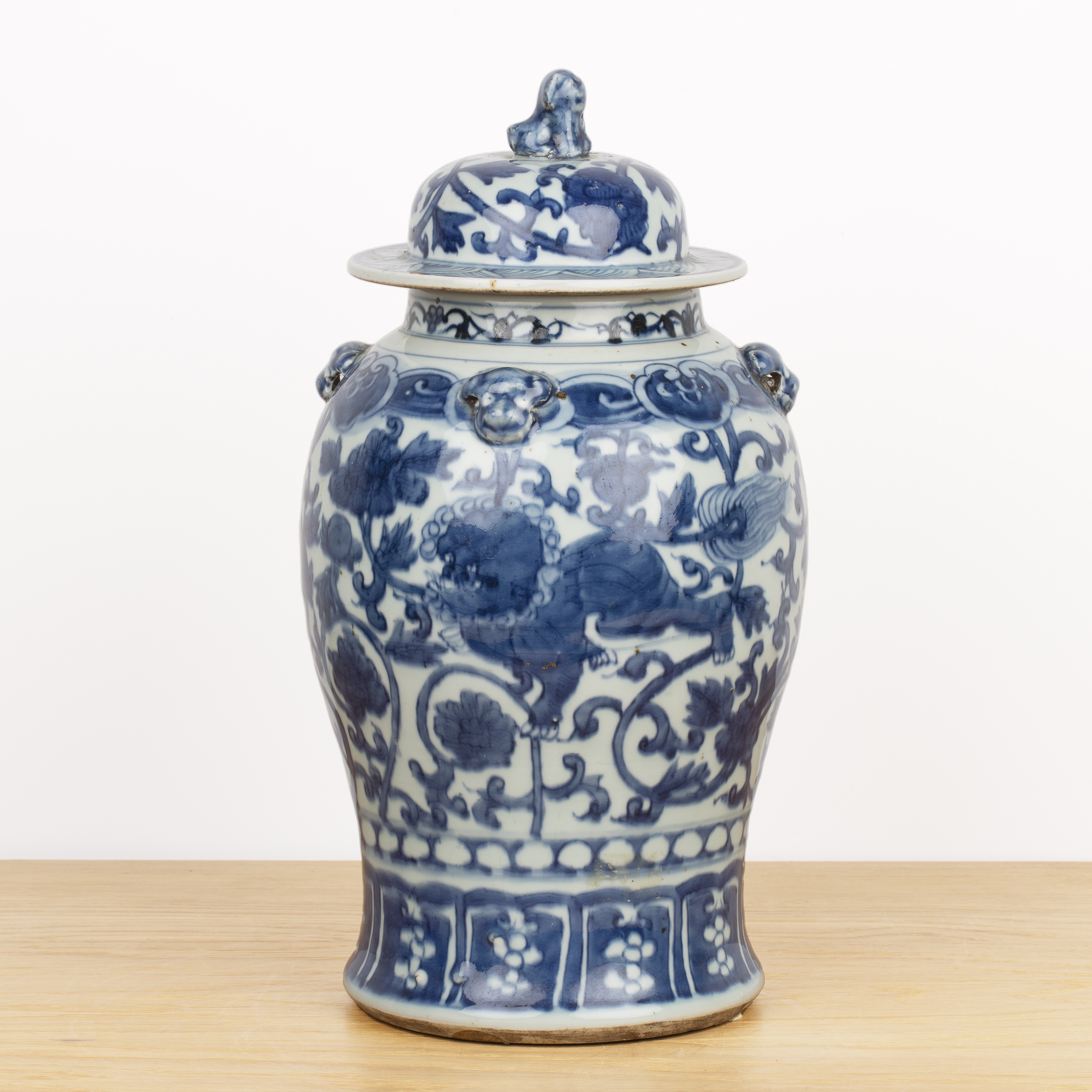 Blue and white vase and cover Chinese, 19th Century painted with trailing lotus flowers and with lug - Image 2 of 5