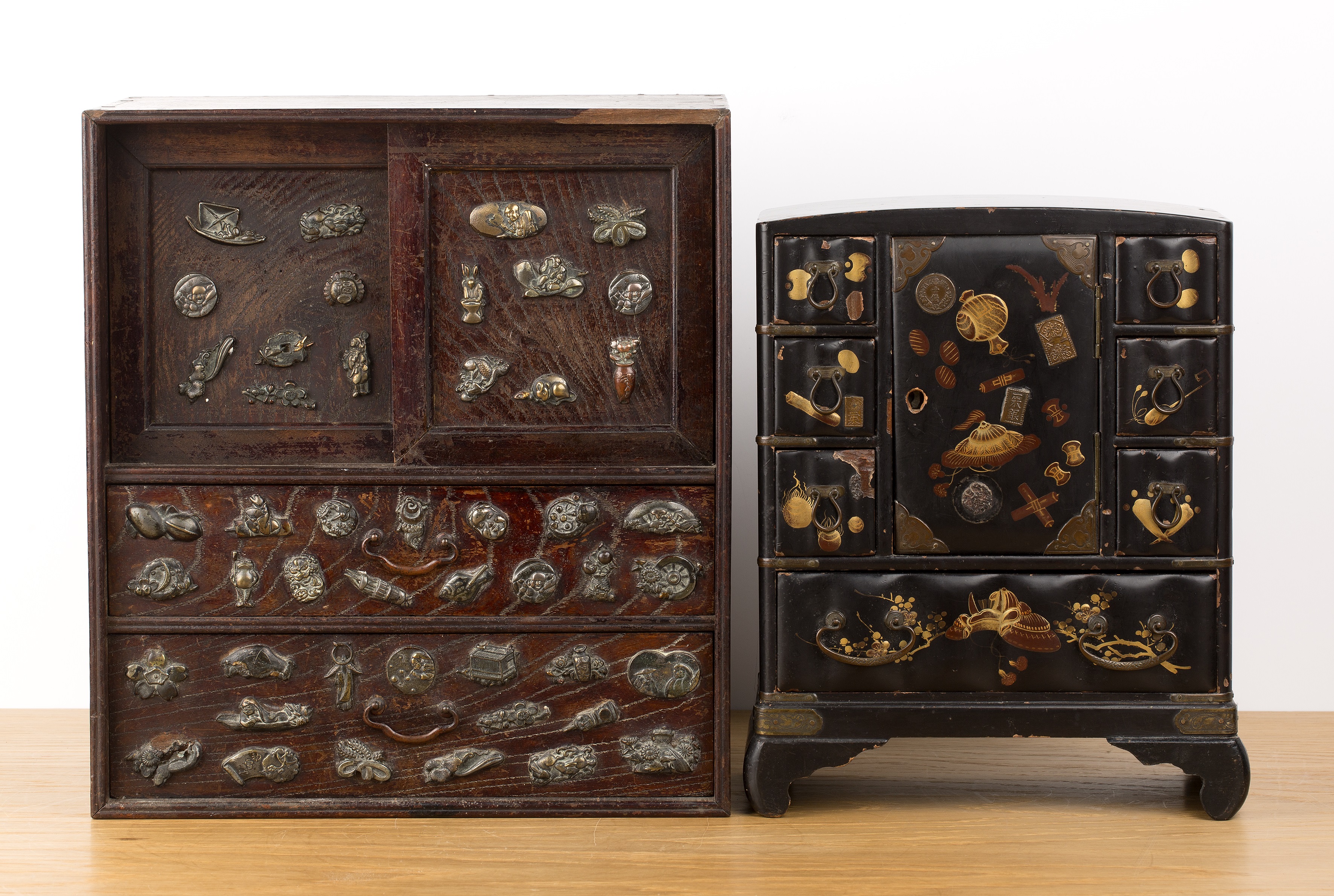 Two table cabinets Japanese, circa 1900 one lacquered, 21cm wide x 27.5cm high and a burr wood