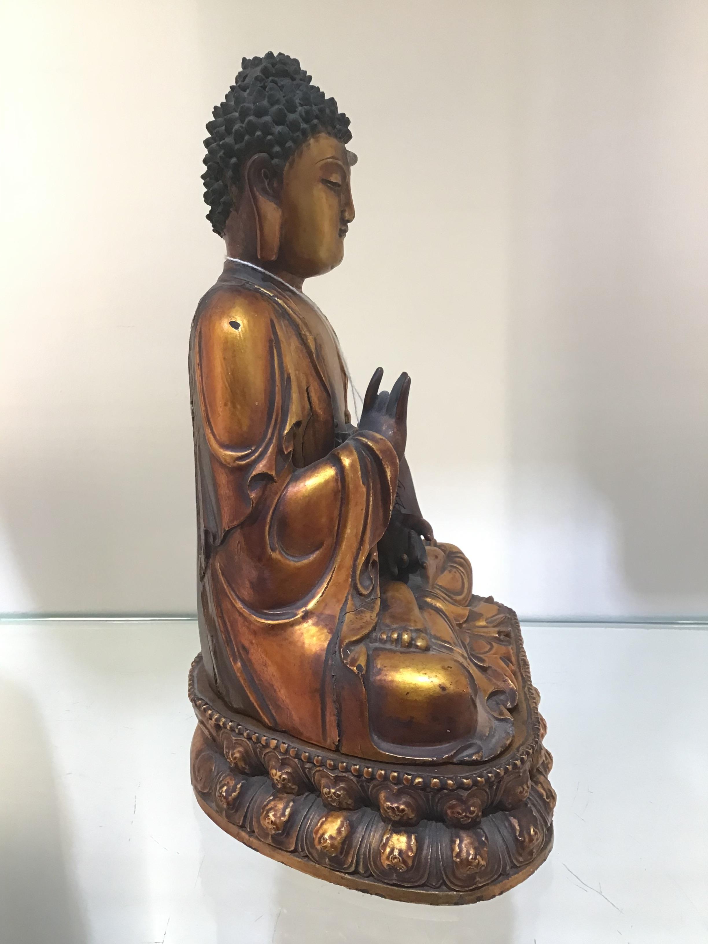 Giltwood seated buddha Japanese, 19th Century the seated figure with hand raised and on a double - Image 14 of 15