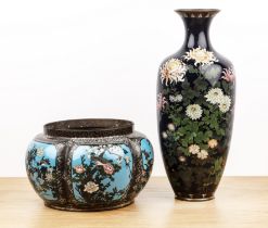 Cloisonné vase and jardinère Japanese the vase dark navy ground, decorated with various flowers